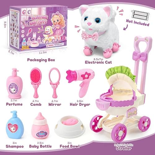 G.C Cat Toys for Kids Girls, Electronic Interactive Stuffed Cat Walk Meow and Wag Tail with Stroller Pet Care Accessories Toys Pretend Play Birthday Gifts for Toddlers Girls 3 4 5 6 7 8 Year Old thumbnail 3