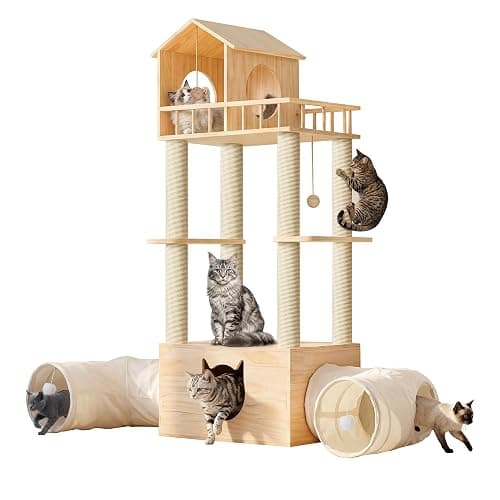 Homiflex Wood Cat Tree with 2 Tunnels, 61''H Pine Wood Cat Tower for Adult Cats, Sturdy & Durable Pet Climbing Systems for Indoor, Multi-Level Wooden Tower with Scratching Posts, Runway, Burlywood thumbnail 9