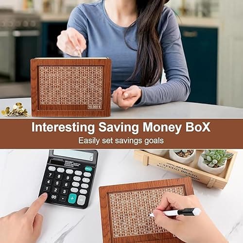 Cash Vault Wooden Savings Box,$10000 Wooden Cash Saver Money Box, Cash Saver Box, Coin Counter Piggy Bank, Money Box with Counter, Wooden Money Box with Money Target and Numbers (Dark Brown) thumbnail 4