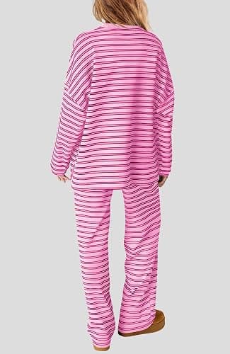 SENSERISE Womens Striped Lounge Set 2 Piece Outfit | Striped Long Sleeve Shirt, Wide Leg Pants, Pajamas Set, Crewneck, Color Block, Loose Fit, Casual Fall Airport Travel Outfit thumbnail 2