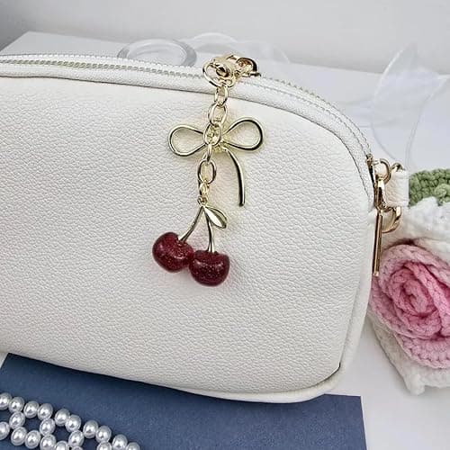 YDF Cherry Keychain Cute Bag Charm Women Leather Keyring Car Keys Gift Mother's Day Birthday Valentine's Purse Accessory - Red thumbnail 7