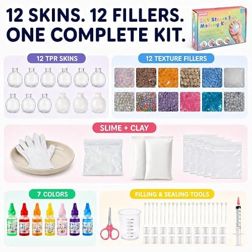 DIY Stress Ball Making Kit, 12 Empty Squishy Skins, Fillers, Slime & Clay | Extended-Neck Craft Kit, 20 Neck Protector Rings, 7 Colors, for Adults & Teens, ASMR Squeeze thumbnail 9