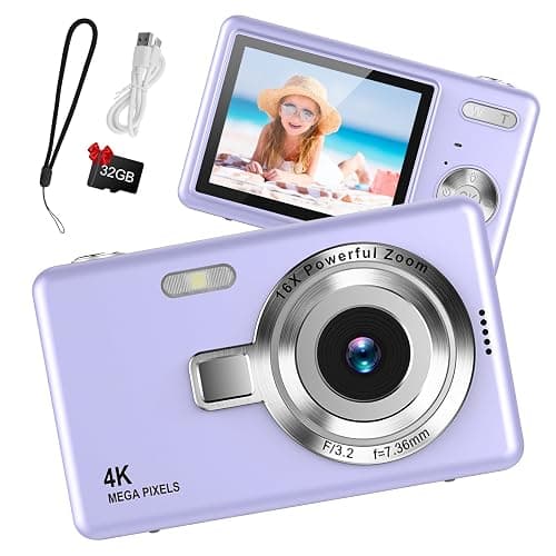 Digital Camera 1080P FHD 44MP with 2.4" LCD Screen,16X Digital Zoom, Compact Portable Vlogging Camera with 32gb SD Card for Kids Teen Students Beginner (Purple) - Image 1