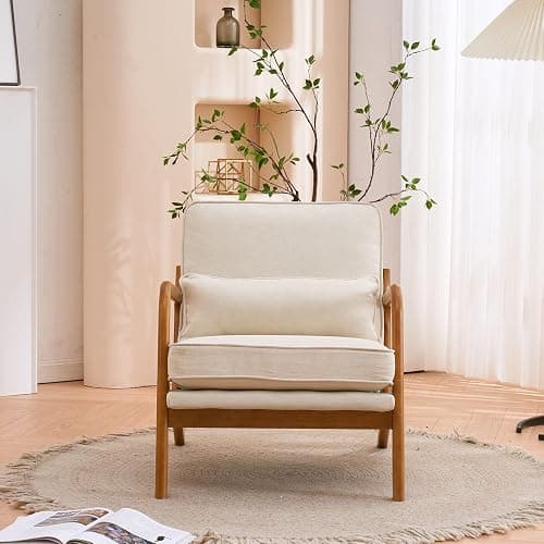 Karl home Accent Chair Mid-Century Modern Chair with Pillow Linen Fabric Upholstered Lounge Arm Chair with Solid Wood Frame & Soft Cushion for Living Room, Bedroom, Balcony, Beige thumbnail 3
