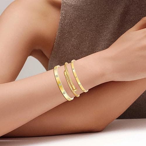 ISELBDR 18K Gold Bracelets for Women - Stackable Clover & Nail Love Bangle Set - Non-Tarnish Stainless Steel Jewelry Gift for Valentine's, Mother's Day & Christmas thumbnail 3