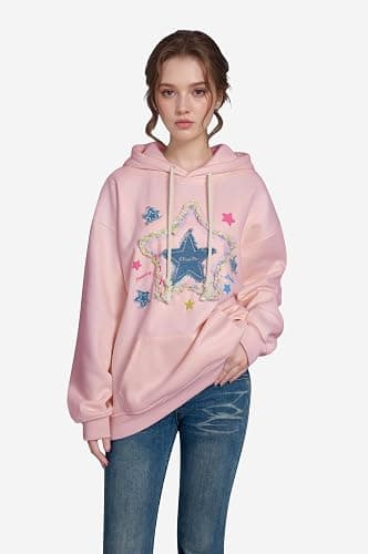 Vamtac Star Graphic Fleece Hoodie Vintage Denim Applique Embroidery Oversize Heavyweight Pullover 2025 Outfits thumbnail 2