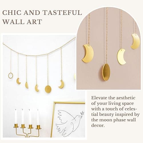 Mkono Moon Phase Wall Hanging Boho Aesthetic Room Decor Metal Moons Garland Hanging Art Bohemian Home Decoration for Girls Room Nursery Bedroom Livingroom Dorm, Ideal, Gold, 50" - Gold - Medium thumbnail 5
