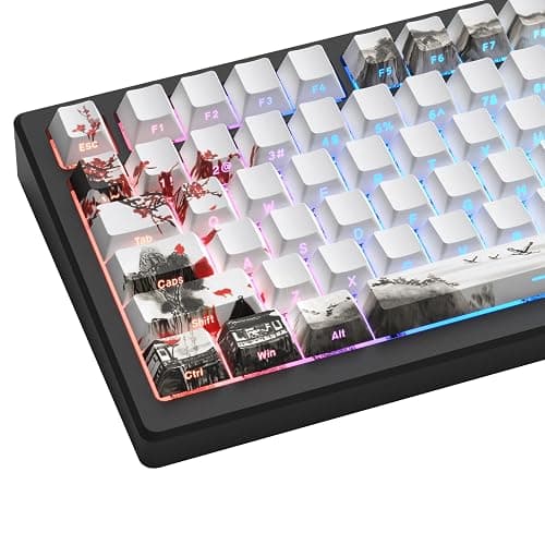 Womier PBT Keycaps Set 130 Keys, Custom White Japanese Keyboard Doubleshot Dye Sub Side Print Shine Through Keycaps 60 65 75 100 Percent, Cherry Profile, Cherry Blossom - Image 1