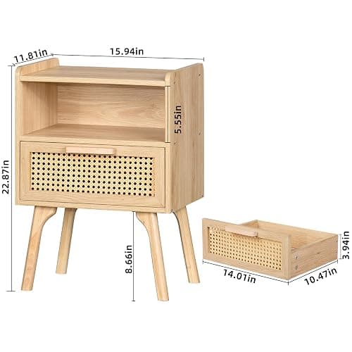 Lerliuo Rattan Nightstand, Boho Side Table with Drawer Open Shelf | Cane Accent Bedside End Table with Solid Wood Legs for Bedroom, Dorm and Small Spaces (Natural) thumbnail 3