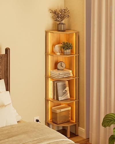 Apetaccat Corner Shelf Stand, 5 Tier Corner Bookshelf with Light,Corner Furniture for Bedroom Display Corner Shelf for Small Space,Wood Shelves with Storage Rack for Living Room,Office,Oak thumbnail 6