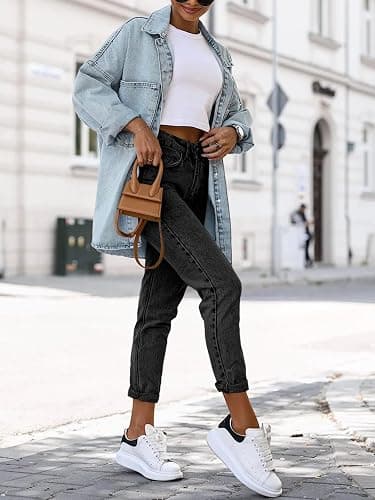 Saodimallsu Women's Oversized Denim Jackets Casual Button Down Long Boyfriend Jean Coats with Pockets thumbnail 3