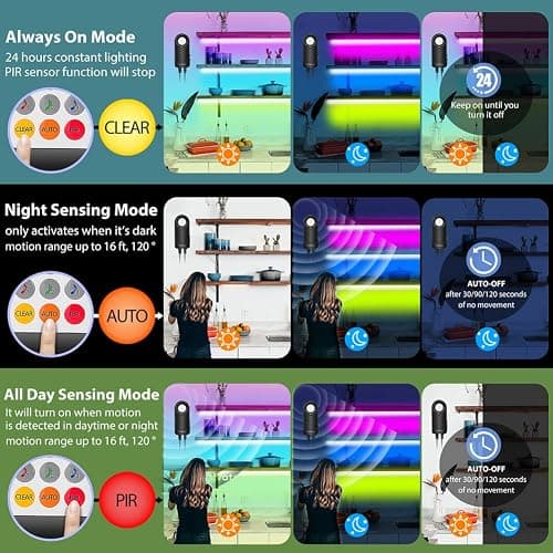 8 PCS RGB Under Cabinet Lighting Kit, 12v Motion Sensor LED Light Strip with Remote, ETL Listed Power Adapter, Music Sync Color Changing Led Lights for Shelves, Cabinet, Counter, Bookcase, 13ft thumbnail 3
