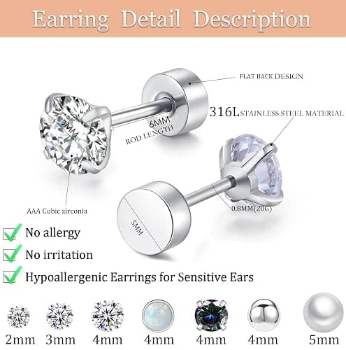 Surgical Steel Flat Back Earrings Set for Multiple Piercing Sensitive Ears,Sterling Silver Hypoallergenic Small Cartilage Huggie Hoop Earrings Titanium Tiny CZ Pearl Opal Stud Earrings for Women thumbnail 6