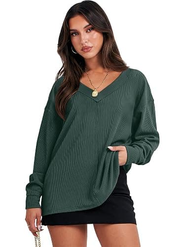 ANRABESS Oversized Long Sleeve Shirts for Women Off the Shoulder Sweatshirt Loose V Neck Tunic Tops High Low Sweater 2025 thumbnail 2