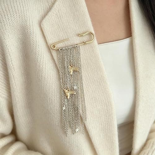 Hopodix Silver Tassel Chain Brooch Gold Safety Pin with Peace Dove Charm Brooch Vintage Lapel Pin Coat Suit Accessories Party Gift thumbnail 4