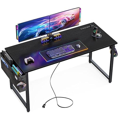 KKL Small Desk with Power Outlets and USB Port Computer Desk for Home Office Gaming Simple Modern Style Writing Desks with Storage Bag Headphone Hook, 48 inch, Black - Black - 48 inch