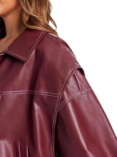 Tankaneo Womens Oversized Leather Bomber Jackets Cap Sleeve Zip Up Motorcycle Coats with Pockets thumbnail 4