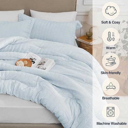 Quataly SkyBlue Queen Comforter Set - 3 Pieces Seersucker Lightweight Bedding Comforter Sets (1 Soft Fluffy Comforter & 2 Pillowcases) - All Seasons Cozy Modern Bed Sets thumbnail 3
