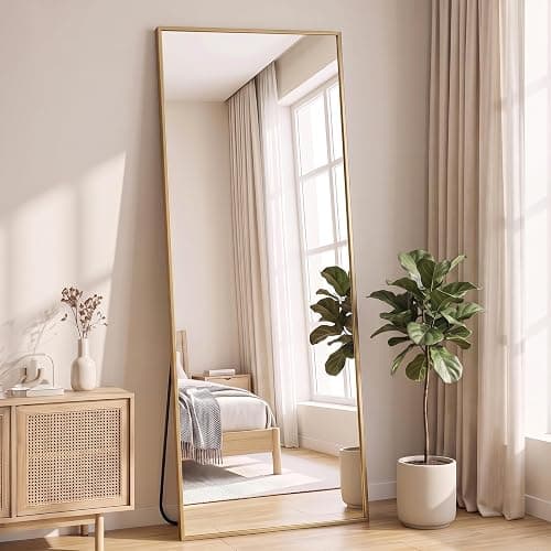 NEWBULIG Full Length Floor Mirror, Body Standing Wall Mirror | Hanging or Leaning, Shatter-Proof Glass, Aluminum Alloy Frame with Stand, Home Decor Bedroom, Gold - Image 1