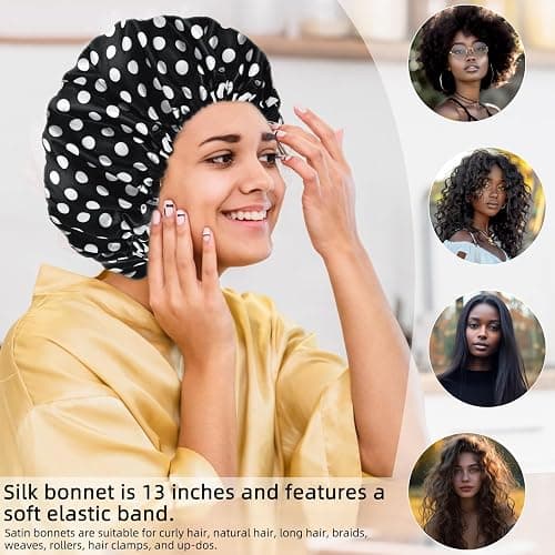 Satin Bonnet Silk Bonnet Hair Bonnet for Sleeping-Slouchy Beanie Hat Satin Sleep Cap for Women's Natural & Curly Hair(Dots) thumbnail 3