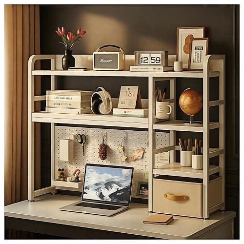 Desktop Bookshelf, Multi-Size pegboard Storage and Organization Rack, Dorm Desk Shelf, White Desk Hutch, Desktop Storage for Office, Study, Student Storage and Display Rack (37.4" Lx9.9 Wx37 H) - Image 1