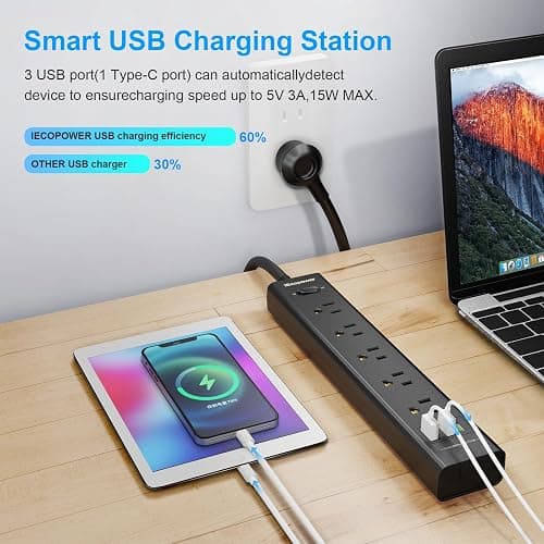 2 Pack Power Strip Surge Protector-5 Widely Spaced Outlets 3 USB Ports(1 USB C Port),1250W/10A with 5Ft Extension Cord, Power Strips with Surge Protection, Wall Mount for Home Office,Black thumbnail 3