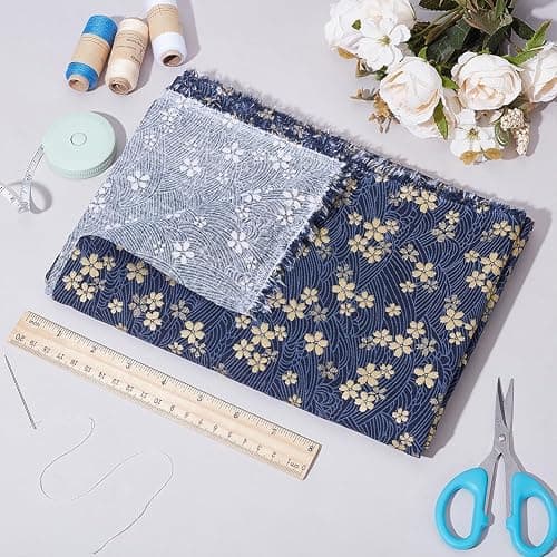 MAYJOYDIY 1 Yard 59 Inch Blue Japanese Cotton Fabric Sakura Quilting Bundles Gold Cherry Blossoms and Waves Print for Sewing Clothing Bag Tablecloth Sofa Pillow DIY Craft thumbnail 4