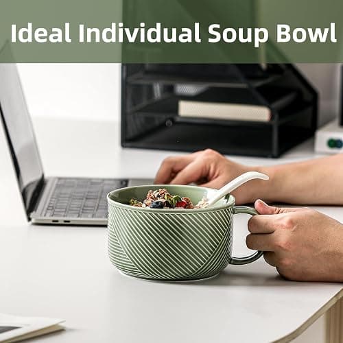 Adewnest Soup Bowls with Handles, Microwave Safe 38 Oz, Green | Extra Large Ceramic Soup Mug with Handle & Spoon - Oversized Ramen Bowl Set of 2, 6 Inch thumbnail 2