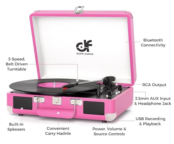 Record Player, Vintage 3-Speed Suitcase Turntable with Built-in 2 Speakers,USB Recording Vinyl to MP3, Bluetooth 3 Speed 3 Size Portable Record Player for Music Lovers Hot Pink thumbnail 3