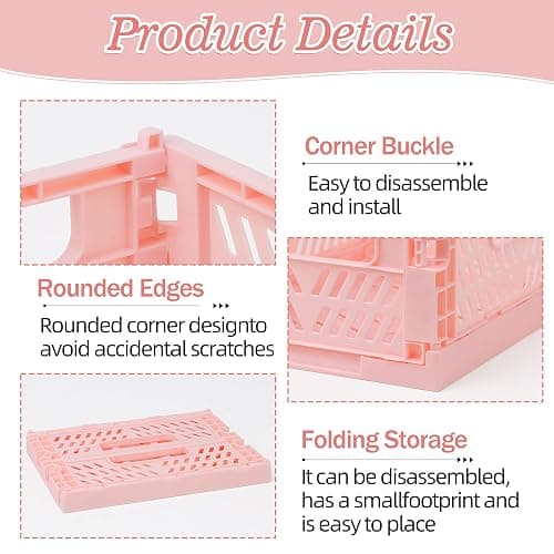 4-Pack Pink Baskets Plastic Storage Crate Small Baskets for Organizing Collapsible Storage Crates for Desk Organizers,Stackable Cute Storage Bins for Classroom,Office,Bathroom 5.9"x 3.9" x 2.3" thumbnail 5