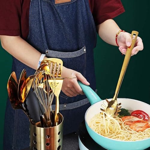 Gold Spaghetti Spoon, Berglander Server Fork with Titanium Gold Plating, Stainless Steel Spaghetti Server for Cooking, Pasta Fork, Noddle Fork, Dishwasher Safe, Easy to Clean thumbnail 6