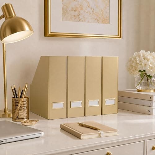 BLU MONACO | Gold Cardboard Magazine File Holder Set of 4 | Vertical Magazine File Holder for Shelves | Standing File Holder Desk Organizer thumbnail 8
