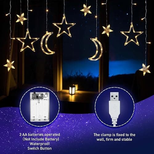 Riakrum 11.48 ft 21 LED Star and Moon String Lights Plug in Christmas Warm White Fairy Light Waterproof Decor for Bedroom USB Powered LED Curtain Light with USB Battery Box Cable Clip Wedding Party thumbnail 2