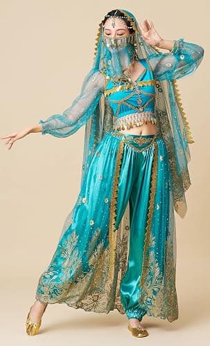 ORIDOOR Women's New Aladdin Jasmine Princess Belly Dance Halloween Costume Set Belly Dance for Dress Up Party 5 Piece Outfit thumbnail 2