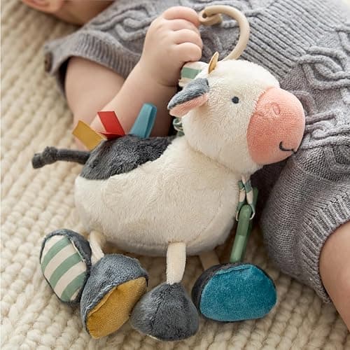 Itzy Ritzy Link & Love Toy for Stroller or Car Seat – Features Textured Ribbons, Crinkle Sounds, Clinking Rings & Silicone Teether – Designed for Ages 0 Months and Up (Cow) thumbnail 2