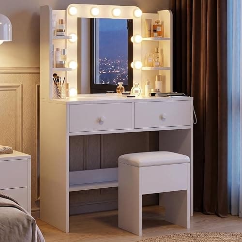 FUXA Makeup Vanity Desk with LED Mirror and Charging Station, Vanity Table Set with Storage Drawers, Shelves and Chair, Dressing Table with 3 Lighting Modes for Bedroom, White thumbnail 7
