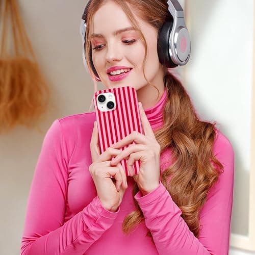 Hython for iPhone 14 Case & iPhone 13 Case Cute Striped Aesthetic Design Simple Stripes Cover 6.1", Thin Slim Soft TPU Bumper Shockproof Rubber Protective Phone Cases Women Girls Girly, Pink and Red thumbnail 5
