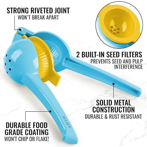 Zulay Metal 2-In-1 Lemon Squeezer Manual - Sturdy, Max Extraction Hand Juicer Lemon Squeezer Gets Every Last Drop - Easy to Clean Manual Citrus Juicer - Easy-to-Use Lemon Juicer Squeezer - Blue/Yellow thumbnail 7
