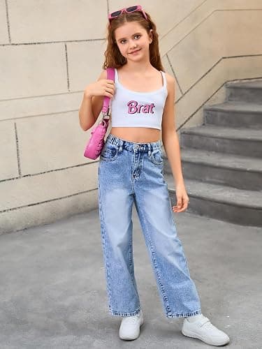 WDIRARA Girl's Bow Print Back Zipper Fly Elastic High Waist Denim Pants Basic Wide Leg Jeans thumbnail 7