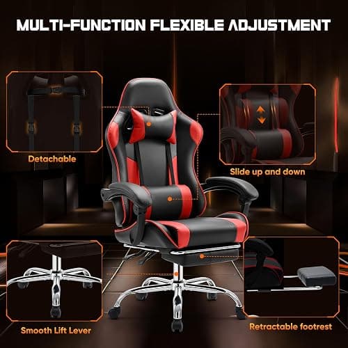 Sweetcrispy Video Game Desk Chair - Ergonomic Computer with Footrest and Comfy Lumbar Support, PU Leather Recliner with Headrest, Fixed Up Armrest, Height Adjustable with 360° Swivel, for Adults, Red - Red - high back thumbnail 7