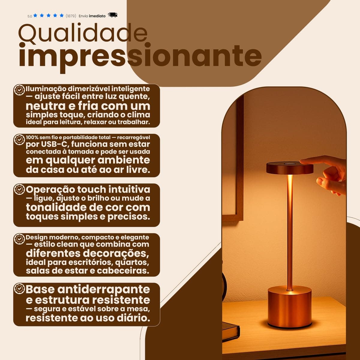 Luminária Dimerizável Touch 3 Cores de Luz E Modo Intensidade, Abajur LED de Mesa Moderno Recarregável Sem Fio para Quarto, Escritório, Leitura, Jantar, Cabeceira de Cama, Decoração (PRATA) thumbnail 6