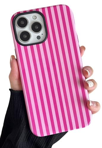 Longlayss Compatible with iPhone 14 Pro Case Cute Aesthetic Striped Phone Case for Women Girl Shockproof Slim TPU and Hard PC Protective Cover (Hot Pink) - Image 1