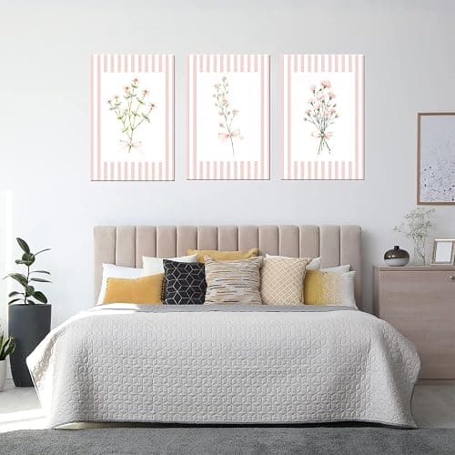 Trendy Pink Floral Wall Art Set of 3, Preppy Canvas Prints with Bow and Stripe Border Cute Aesthetic Botanical Wall Decor Artwork for Bedroom Bathroom Home Decor Girl Dorm Room,12x16 in Framed thumbnail 2