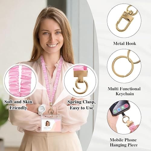 Prudiut Scrunchie Lanyard for Id Badges, Retractable Teacher Lanyards Stretchy Scrunchie Lanyard with Id Holder for Women thumbnail 3