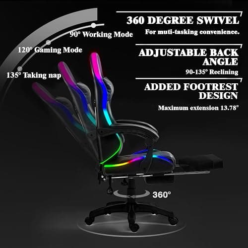 Czlolo Gaming Chair, Racing Style RGB LED Lights Gaming Chairs for Adults and Kids, Lumbar Massager Gamer Chair, High Back Reclining Computer Chair with Footrest and Headrest (Black/Gray) thumbnail 5