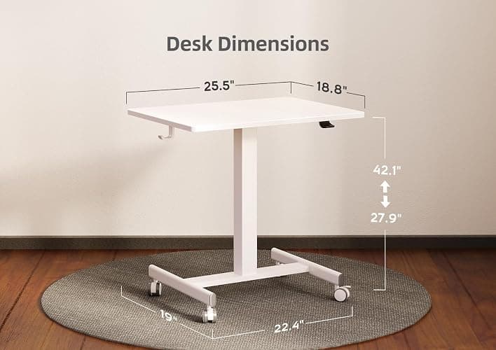 Claiks Mobile Standing Desk, Small Rolling Workstation with Wheels, Pneumatic Laptop Desk for Home Office with Hook, White thumbnail 2