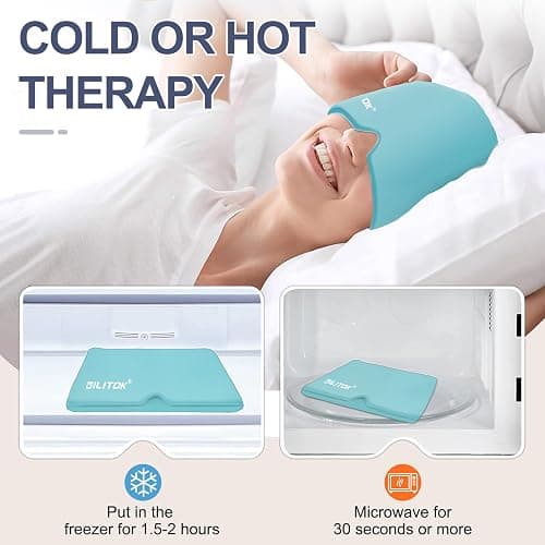 EXQUISLIFE Migraine Headache Relief Cap, Gel Ice Head Wrap, Hot and Cold Therapy, Headache Eyes Mask for Sinus, Puffy Eyes, Tension and Stress Relief (Blue) thumbnail 5