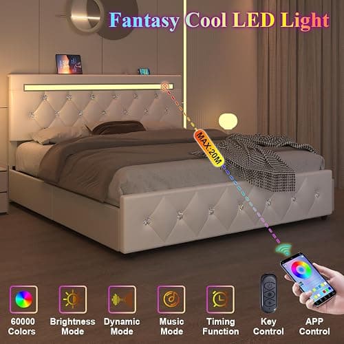 Queen Size Bed Frame with 4 Storage Drawers and LED Light, Upholstered Platform Storage Bed with Adjustable Headboard and Charging Station, Metal Slats Support, No Box Spring Needed, No Noise, White thumbnail 4