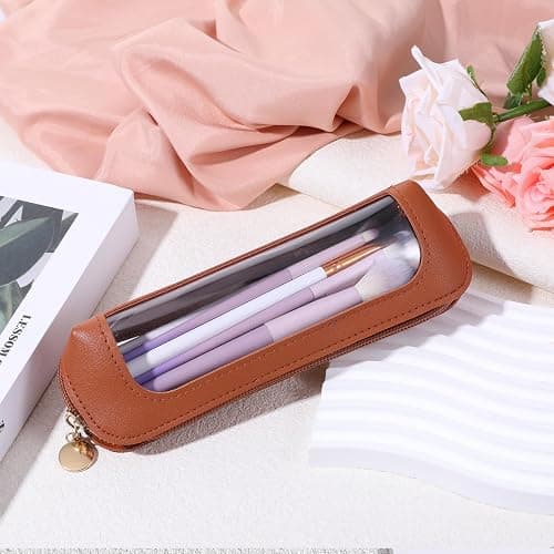 Small Clear Makeup Pouch, PU Leather Makeup Brush Bag Portable Travel Mini Cosmetic Bag Transparent Waterproof Organizer Pouch with Zipper for Women Home Travel Office Cosmetic Storage (Brown) thumbnail 5