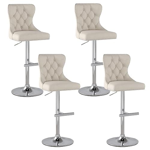 Swivel Bar Stools Set of 4, Velvet Height Adjustable Counter Chairs,Beige | Upholstered Modern Barstools with Button Tufted Back & Silver Footrest, For Dining Room Kitchen Island thumbnail 2